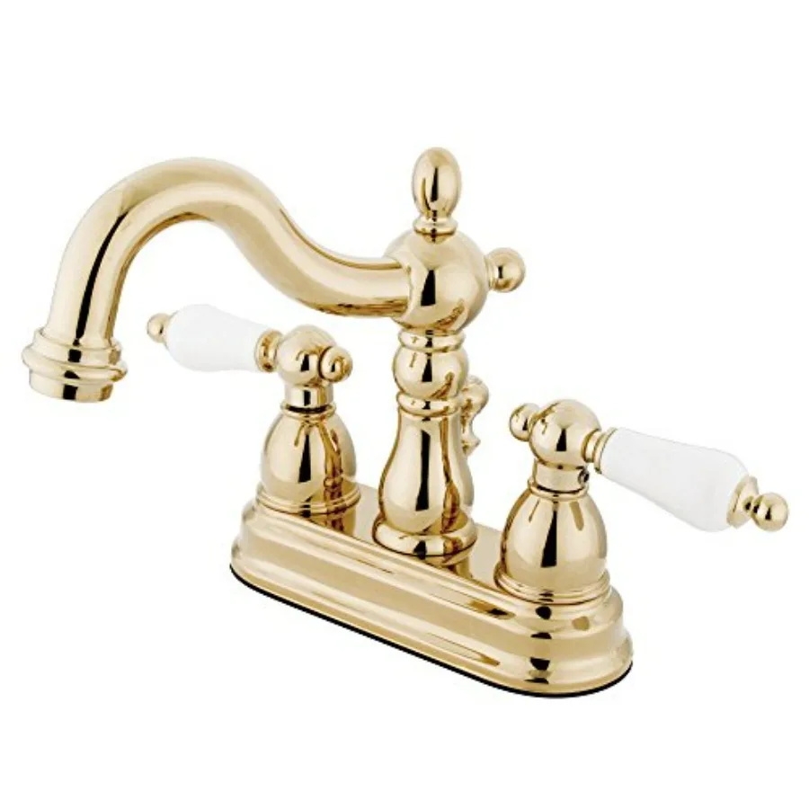 

4-Inch Centerset Lavatory Faucet with Porcelain Lever Handle in Polished Brass for Bathroom Sink Durable and Elegant Design