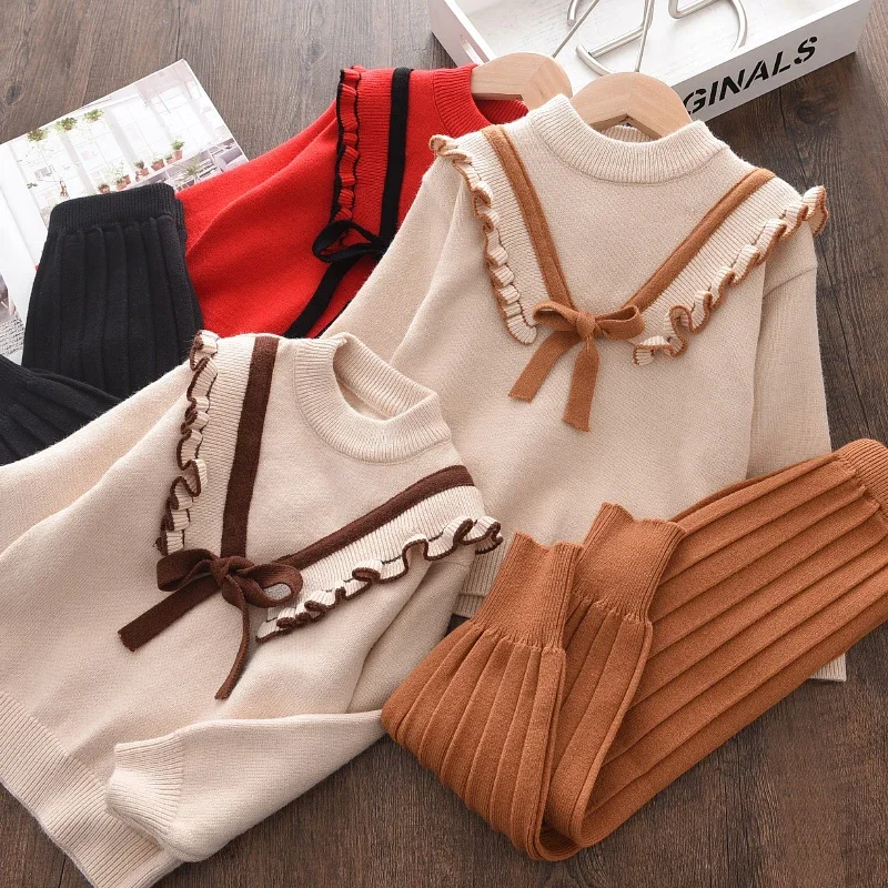 Melario Autumn Winter Fashion Girls Bow Knitted Thick Clothes Sets Kids Warm Long Sleeve Sweater Pants 2pcs Set Baby Girl Outfit