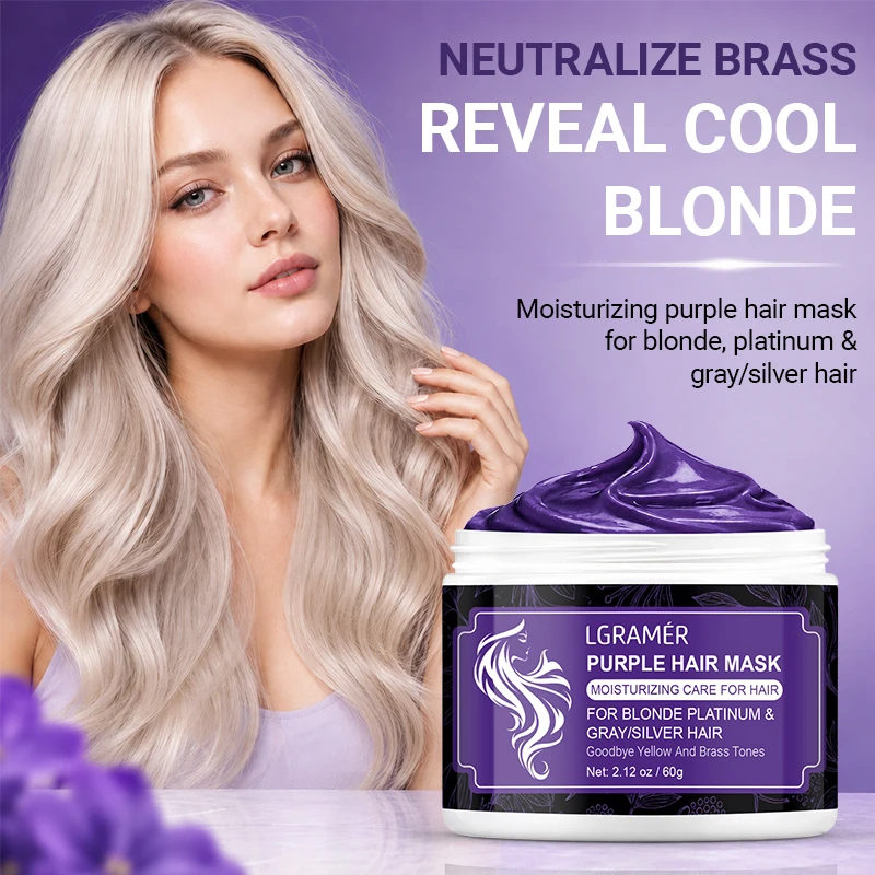 Mascarilla capilar morada que neutraliza los tonos amarillos y cobrizos, hidrata profundamente y repara el cabello seco y dañado para cabello rubio, decolorado, plateado y gris.