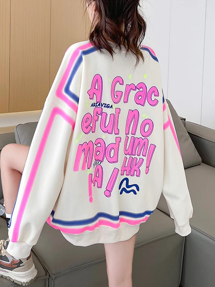 

[ZOCI] 2024 Autumn Women New Cotton Round Neck Hoodie Women's Korean Printed Top Medium Long Letter Women's Coat New Fashion