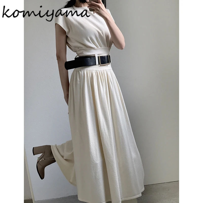 2025 Summer New Elegant Two Piece Set O-neck Short Sleeve Pullover Tops + High Waist Draped Ropa Mujer Korean Chic Woemn Suit