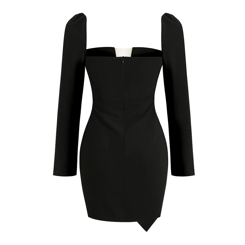 فستان قصير أسود مثير جديد مع رقبة مربعة وفتحة أمامية - أكمام طويلة منتفخة، فستان حفلات الخريف بحاشية غير منتظمة