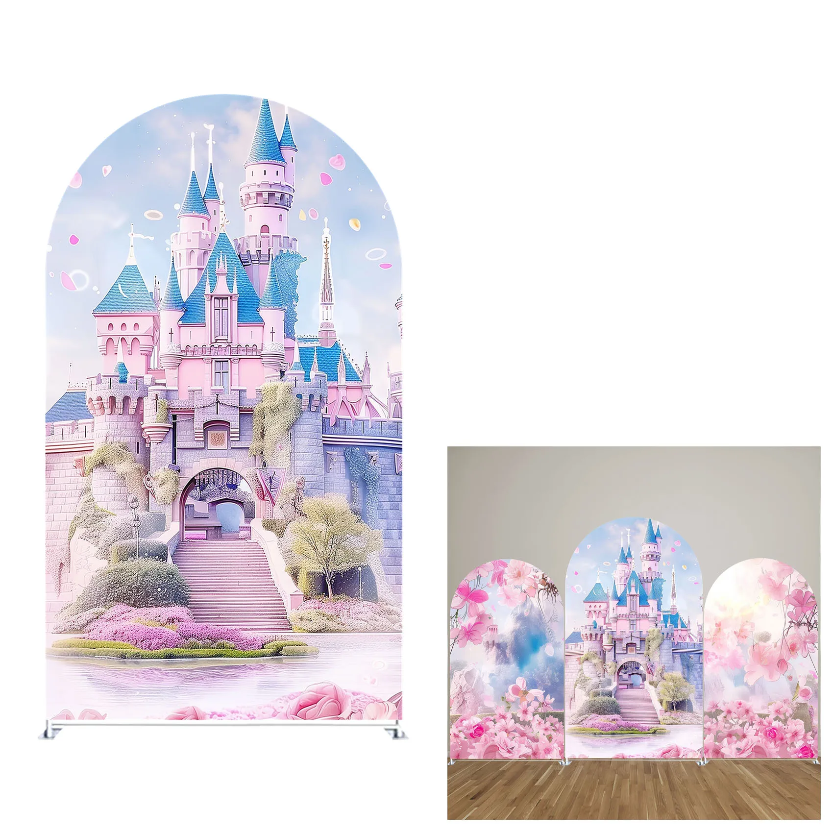 

Castle Arch Backdrop Cherry Arched Stand Covers,Girls Princess Birthday Baby Shower Party Decor,Double-sides-Elasticity-Washable