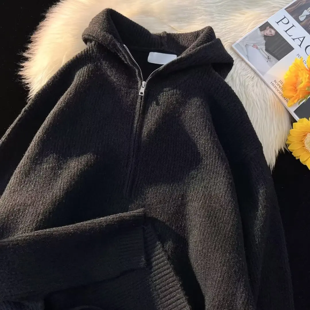 

Autumn Winter Large Size Hoodie Design Sweater Thiened Loose Men's Fat Personali Hong Kong Sle Knitted irt