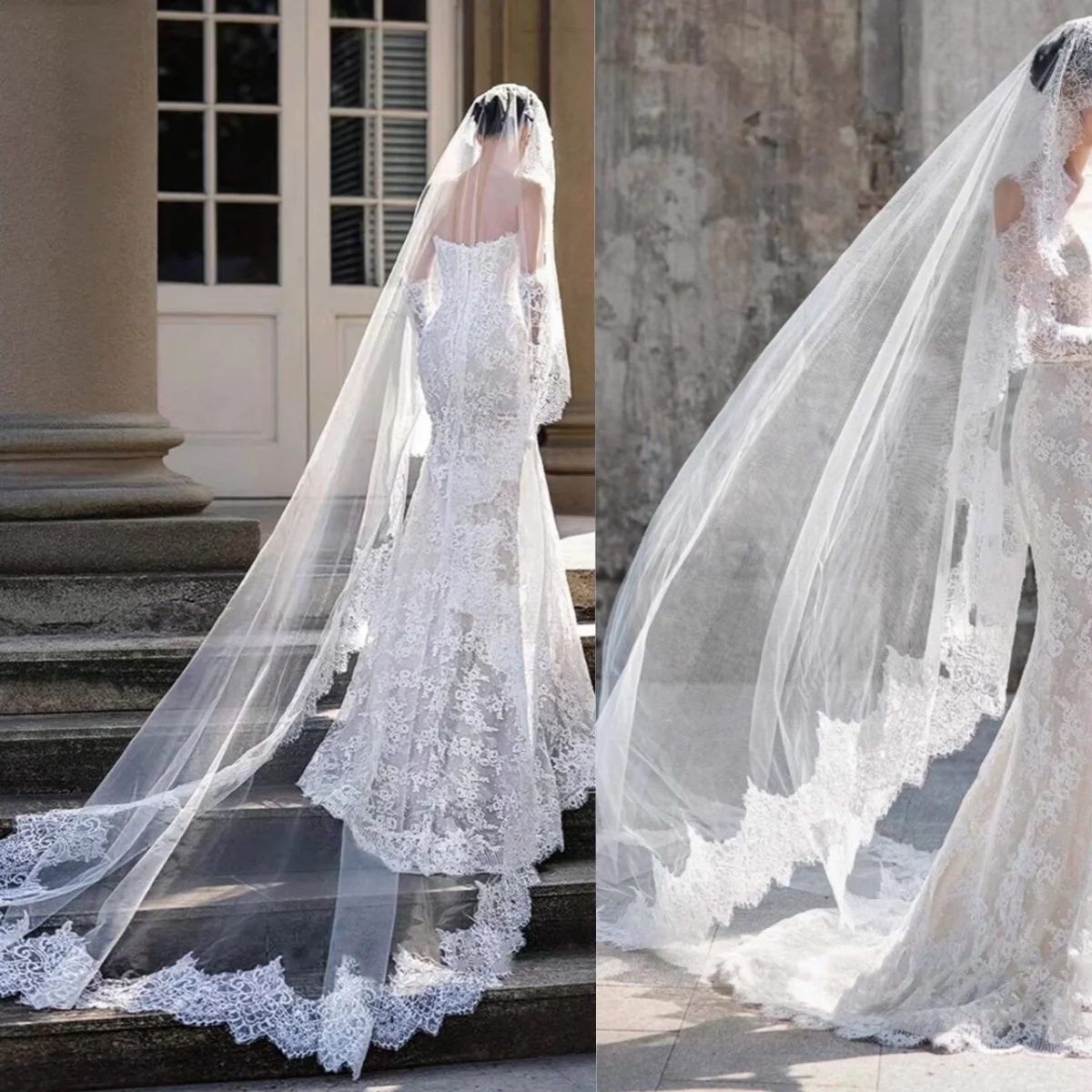 

Vintage One Layer Wedding Veils 3M Cathedral Length Bridal Veils with Comb Lace Appliques Edge Marriage Accessories