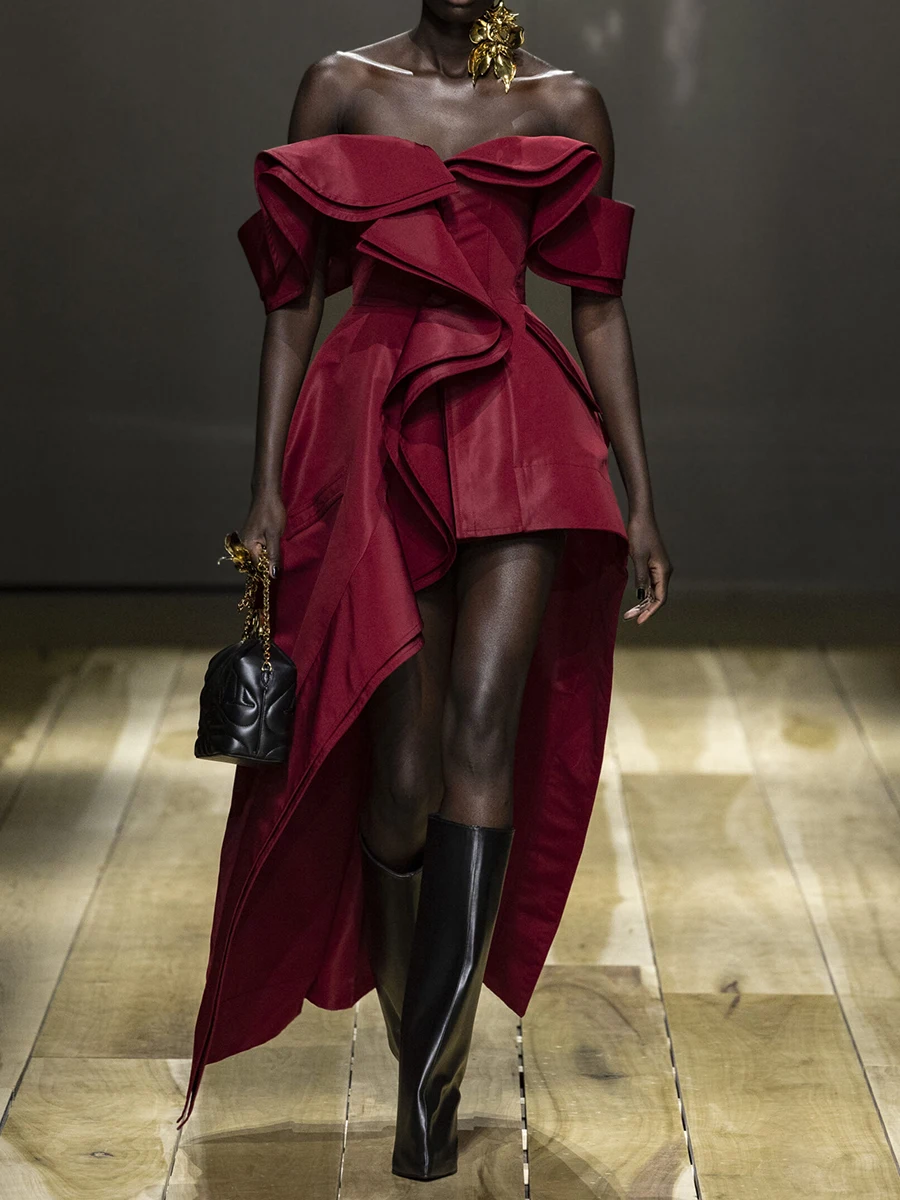 VGH Sexy Gesplitste Onregelmatige Plooien Midi Jurk voor Vrouwen Slash Hals Korte Mouw Patchwork Rits Prom Jurken Vrouwelijke Zomer Stijl