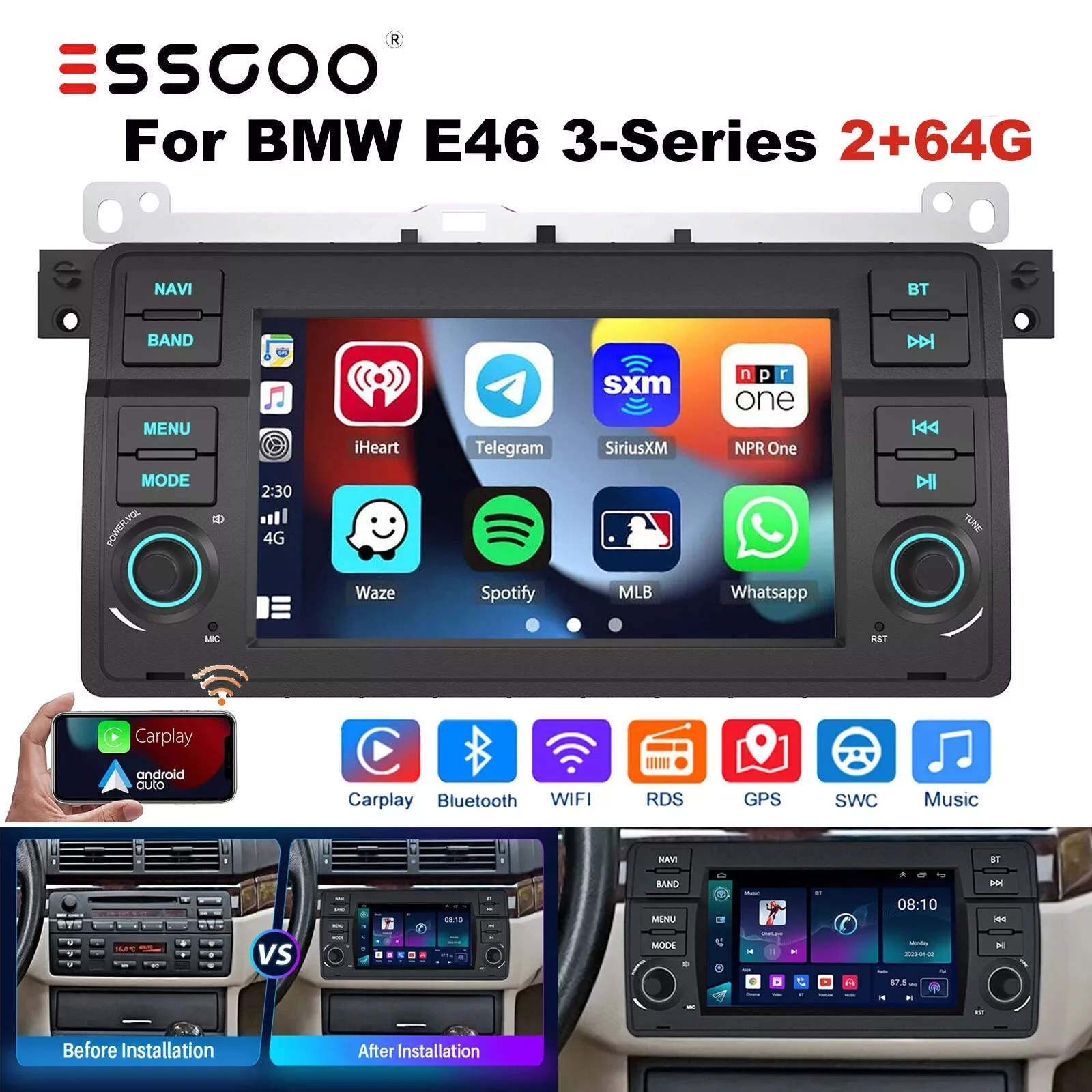 

ESSGOO 7 "Android 14 Carplay для BMW 3-й серии E46 1998-2006 Автомобильная стереосистема 64 ГБ Wi-Fi GPS Navi Головное устройство BT Красочный свет SWC