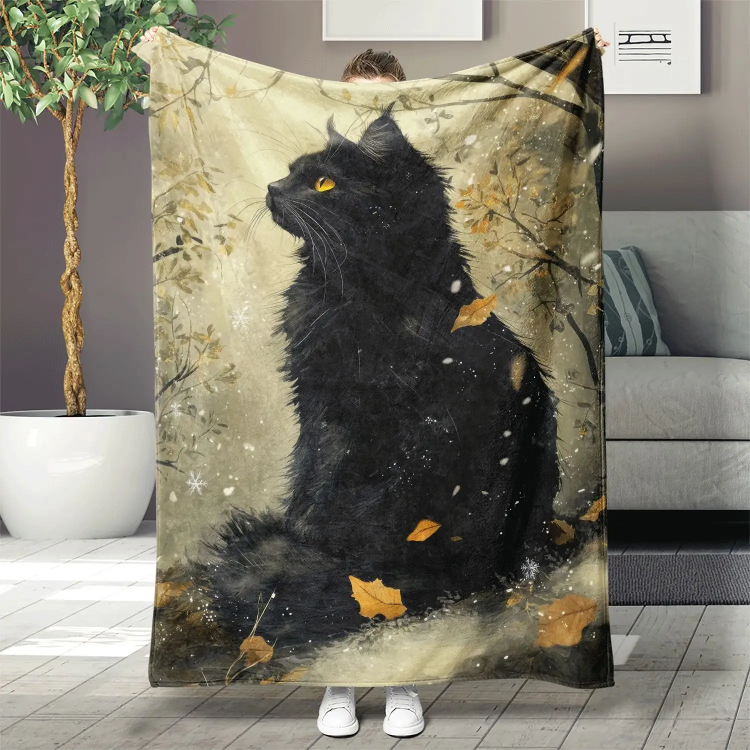 

Black Cat Print Flannel Throw Blanket -Versatile for Home Decor, Office, Beach, Camping - All-Season Blanket , Autumnal Decor