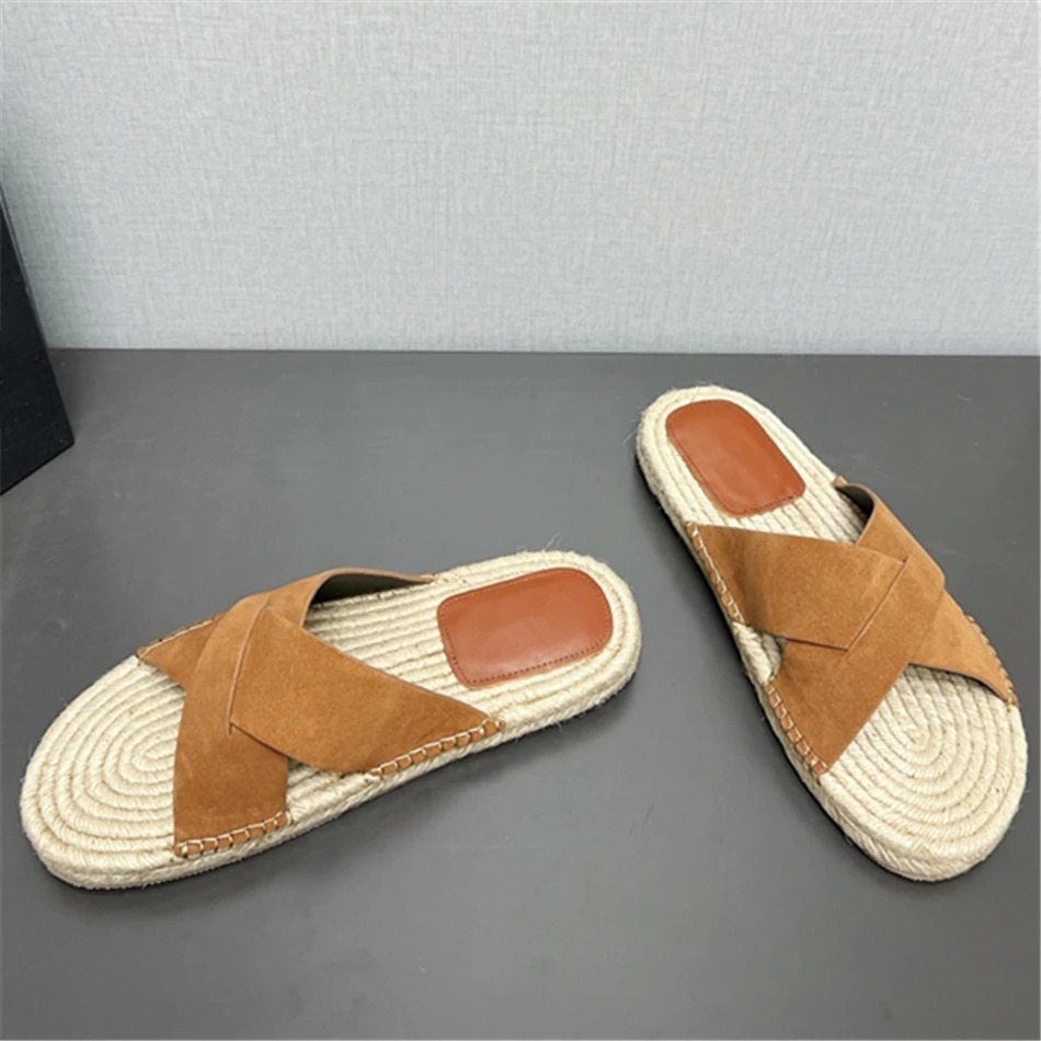 Men's Suede Espadrille Sandals High Quality Real Leather And Woven Crisscross Flat Shoes 2024 New Luxury Walk Sandals For Men