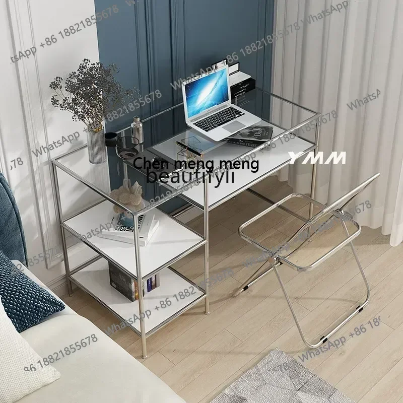 โต๊ะทำงาน/โต๊ะเครื่องแป้ง/โต๊ะคอมพิวเตอร์ รุ่น B7304 สไตล์มินิมอล สแตนเลสสตีล โมเดิร์น หรูหราเบาๆ พร้อมที่เก็บของ  หน้าโต๊ะกระจก
