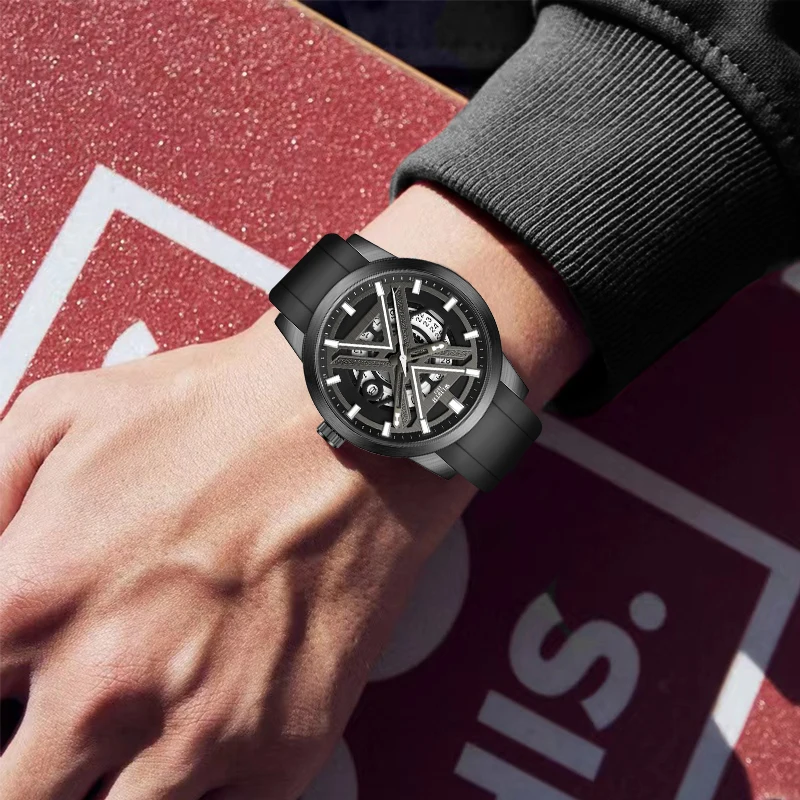 Business Watches Male Quartz Watche Skeletonized Dial Waterproof Vintage Round Mechanical Watch Silicone Strap Watches Men Watch