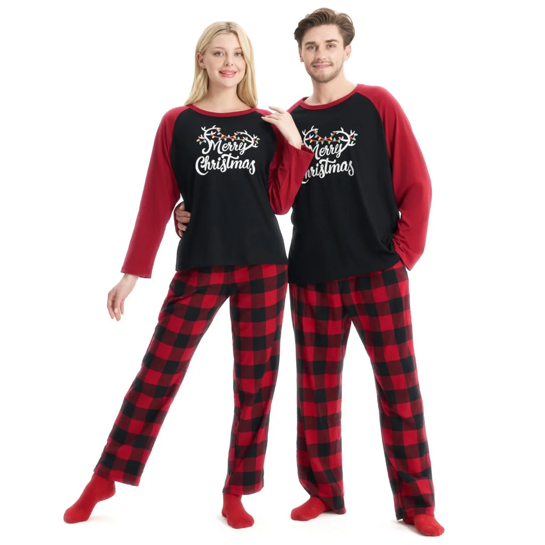 

Christmas Halloween Pajamas Couple Outfits Letter Prints Long Sleeve & Pants Lapel Loungewear Loose Autumn Winter Home Wear Set