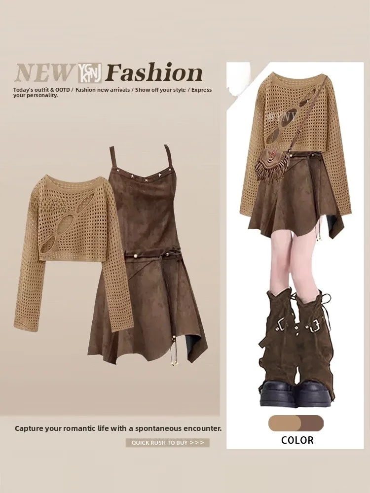 

Женский вязаный свитер с вырезом и юбкой с рюшами, комплект из двух предметов, винтажный топ Long Sve round Ne