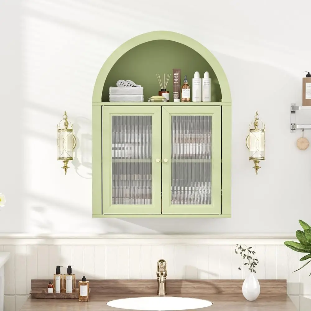 

Medicine Cabinet with Arched Top, Bathroom Wall Cabinet Over Toilet with Wave Tempered Glass Doand Removable Shel, Arch Hanging