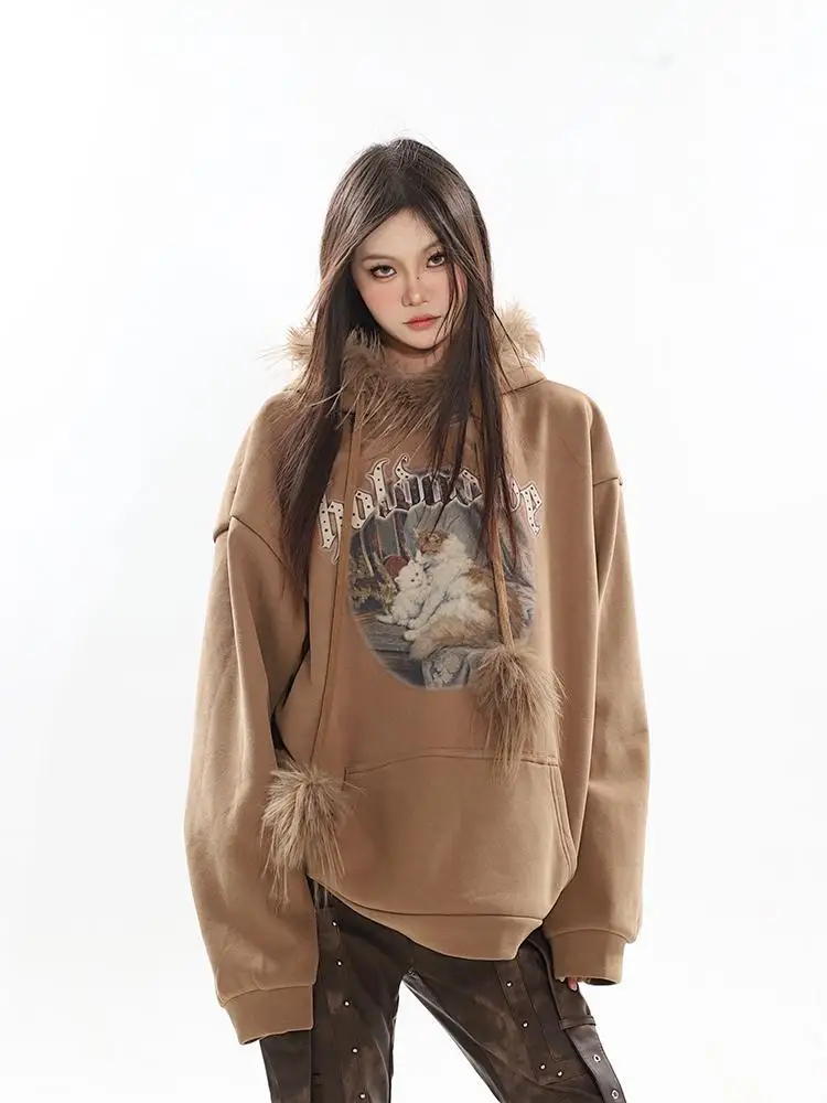 Hooded Plus Fleece Sweatshirt Cat Print Fur Collar Autumn Winter New Style Maillard Hottie Retro Loose Sweatshirt Women Trend