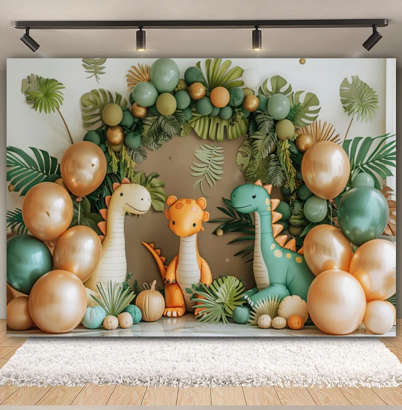 Latar Belakang Fotografi Tema Dinosaurus Hutan Tropis Balon Satwa Liar Pesta Ulang Tahun Bayi Latar Belakang Foto Potret Smash Kue