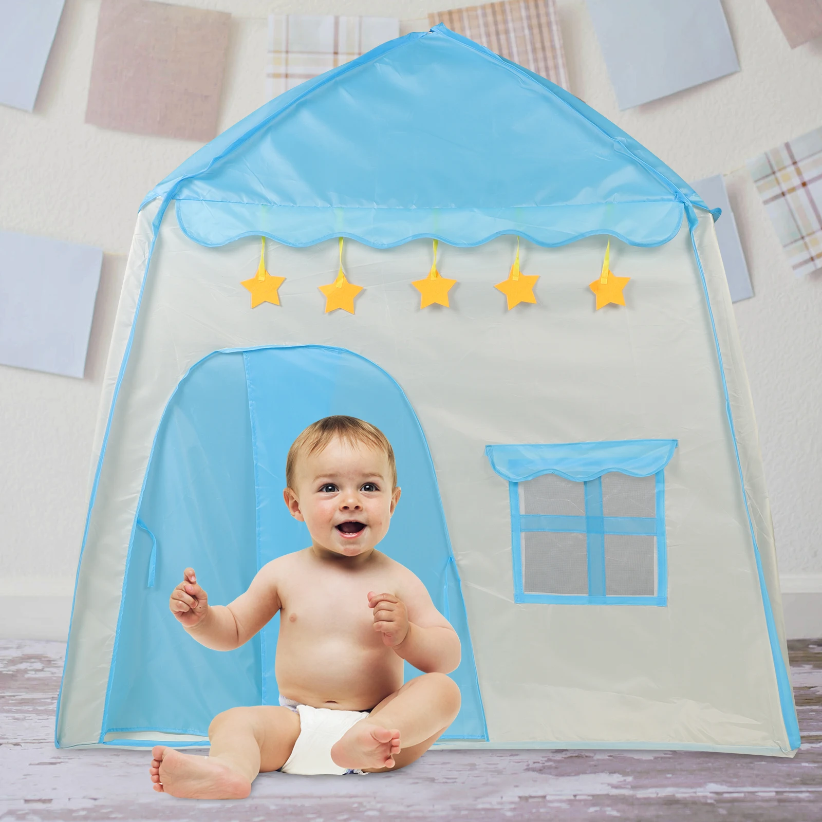 Kinderspielhaus-Spielzelt für den Innenbereich, faltbar, einfach zu installieren, blau, atmungsaktiv, großer Raum, Kinderspielzelt für