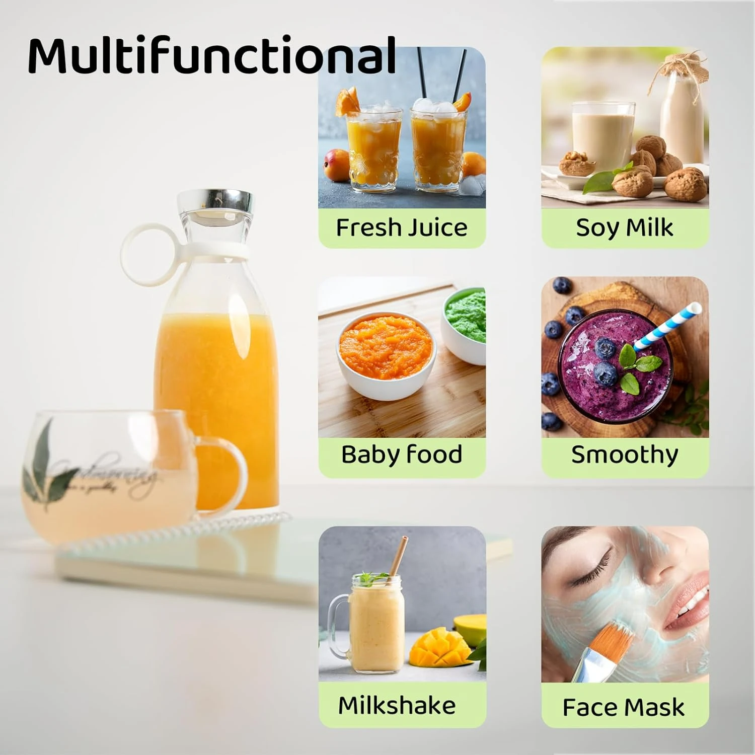 White Rechargeable Portable Blender with 4 Blades, Compact Small Blender for Smoothies and Shakes, Personal Blender with Travel