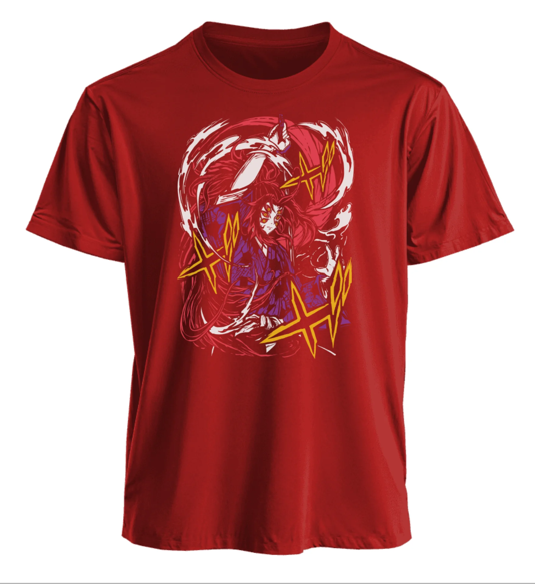 T-shirt anime da guerriero dai capelli rossi con sfondo teschio gigante e stelle da combattimento, maglietta grafica con scena di battaglia in stile Manga dinamico