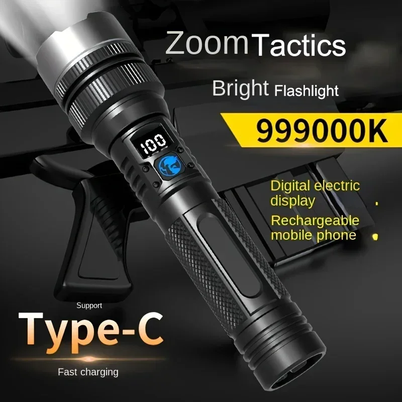 Ultra Bright LED Flashlight Tactical Zoom Torch USB Type-C Rechargeable High-Intensity Emergency Light with Aluminum Lamp Shade
