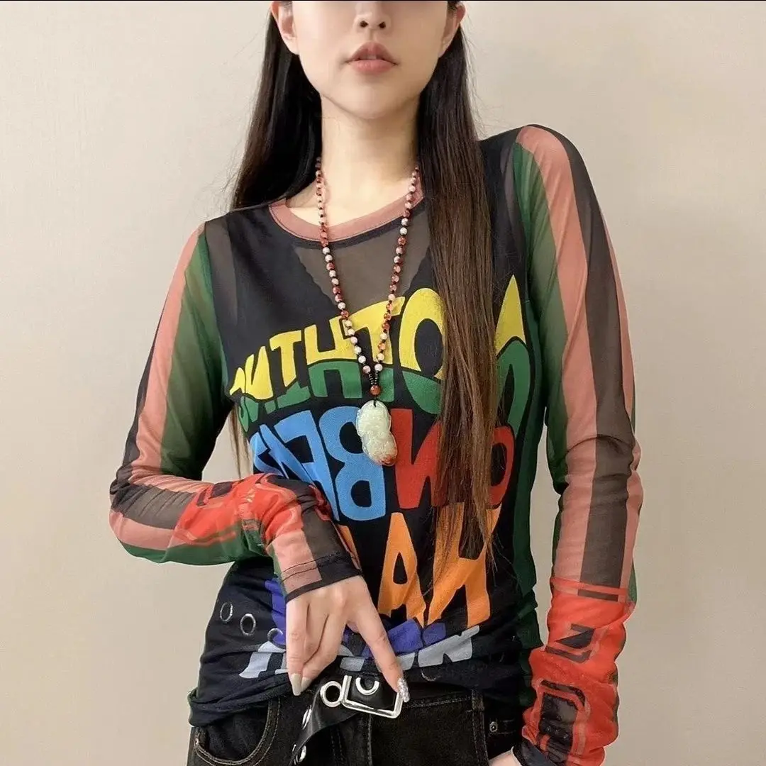 Y2K Summer Women Sun Protection Shirt Sheer Mesh Top Long Sleeve UV Protection Blouse Casual Letter Print See Through Base Layer