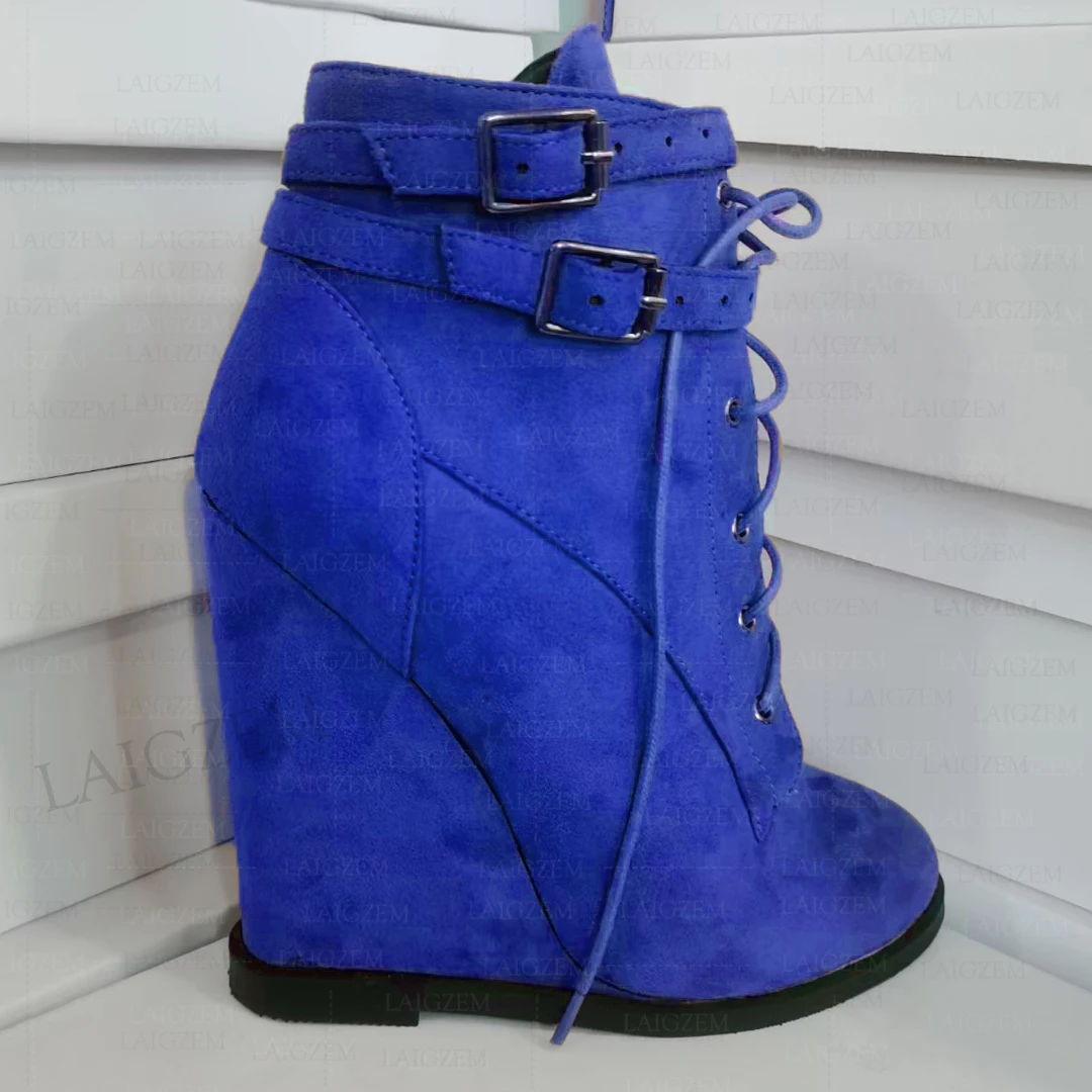 LAIGZEM Women Ankle Boots Wedges High Heels Round Toe Faux Suede Side Zip Short Booties Ladies Shoes Woman Big Size 38 45 48 52