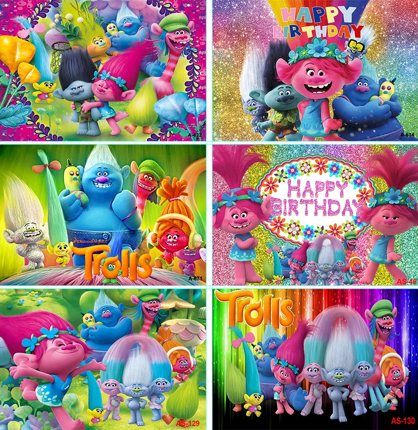 Trolls Backdrop Colorful Cartoon Magic Kids Boy Girl Happy Birthday Party Decoration Banner Photography Backdrops