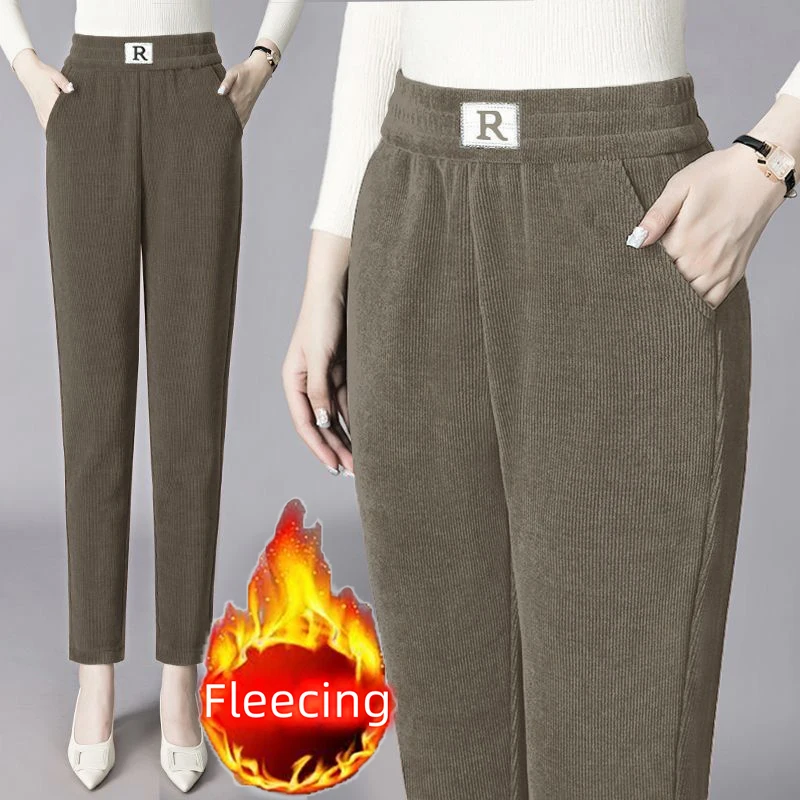 Elastic Waisted Warm Fleecing Pants For Women Clothing Casual Basic Trousers OL Loose R Letter Pocket Slim Straight Leg Pants