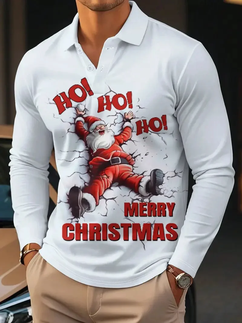 

Creative Santa Claus Graphic Men's Polo Shirts Merry Christmas Long Sleeve Button Lapel Top Fashion Casual Autumn Winter Clothes