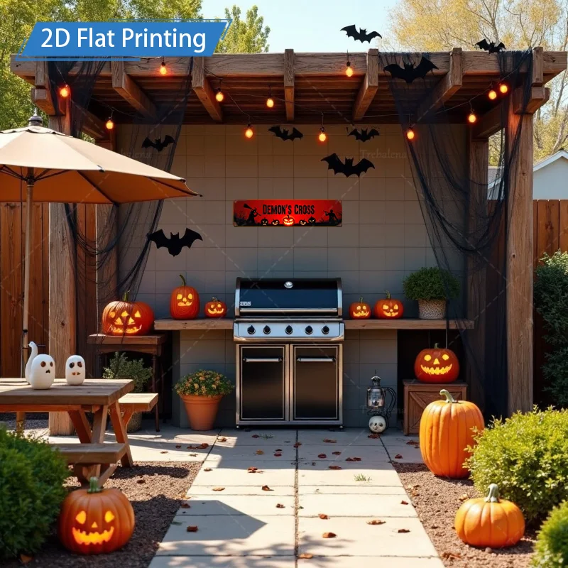 1 قطعة 8x12 بوصة علامة معدنية هالوين شيطان الصليب تسجيل مع القرع والخفافيش للديكور مخيف #5