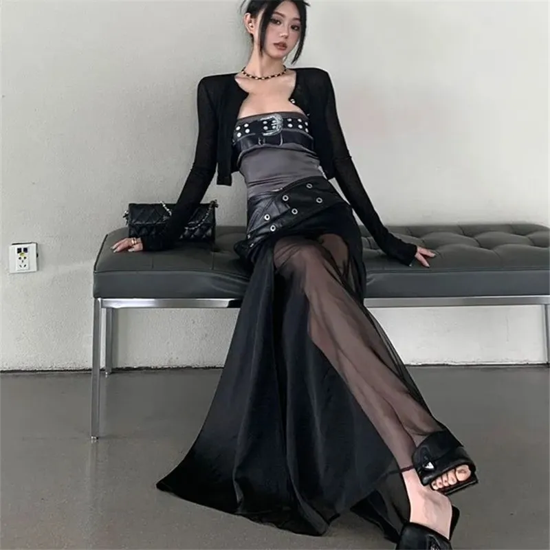 Black Design Sense Chiffon Long Dress Female's Large Size Slim Skirt Korean Fashion Women Clothing Patchwork Streetwear Skirts