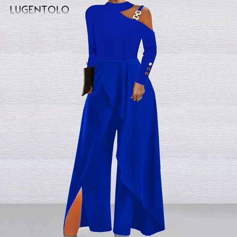 

Women Elegant Jumpsuit Off-the-shoulder Cut-out Chain Hanging Neck Buttoned Long Sleeve Irregular Wide-leg Pants Banquet Wear