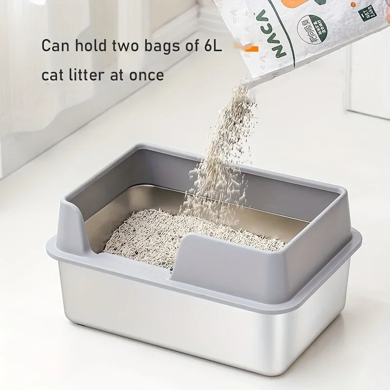 

Pet Cat Stainless Steel Litter Box Large Capacity Splash-proof Semi-enclosed Pet Toilet with Cat Litter Scoop