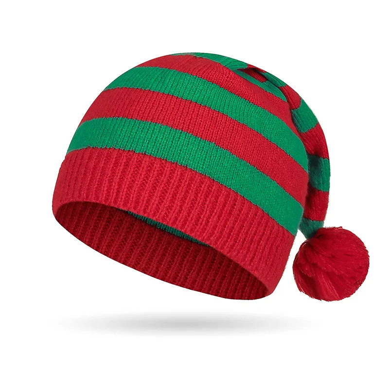 1 x festliche Weihnachts-Strickmütze, rot-grün gestreifte Haarballen-Mütze mit langem Schwanz, warme Weihnachtsmütze, Party-Dekoration