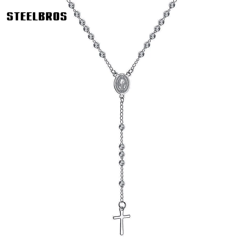 STEELBROS 5mm Beads Stainless Steel Christian Catholic Rosary Necklace Saint Benedict Cross Pendant Men Women Religious Jewelry