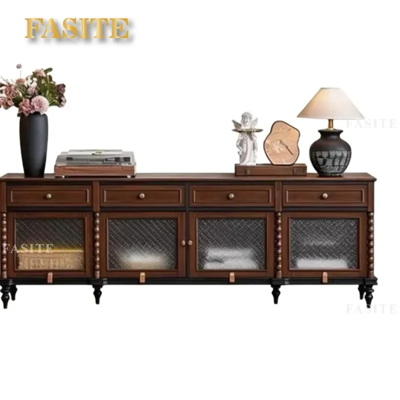 Retro French Style Solid Wood TV Stand Medieval Living Room Entertainment Center High End Contrast Color Media Console