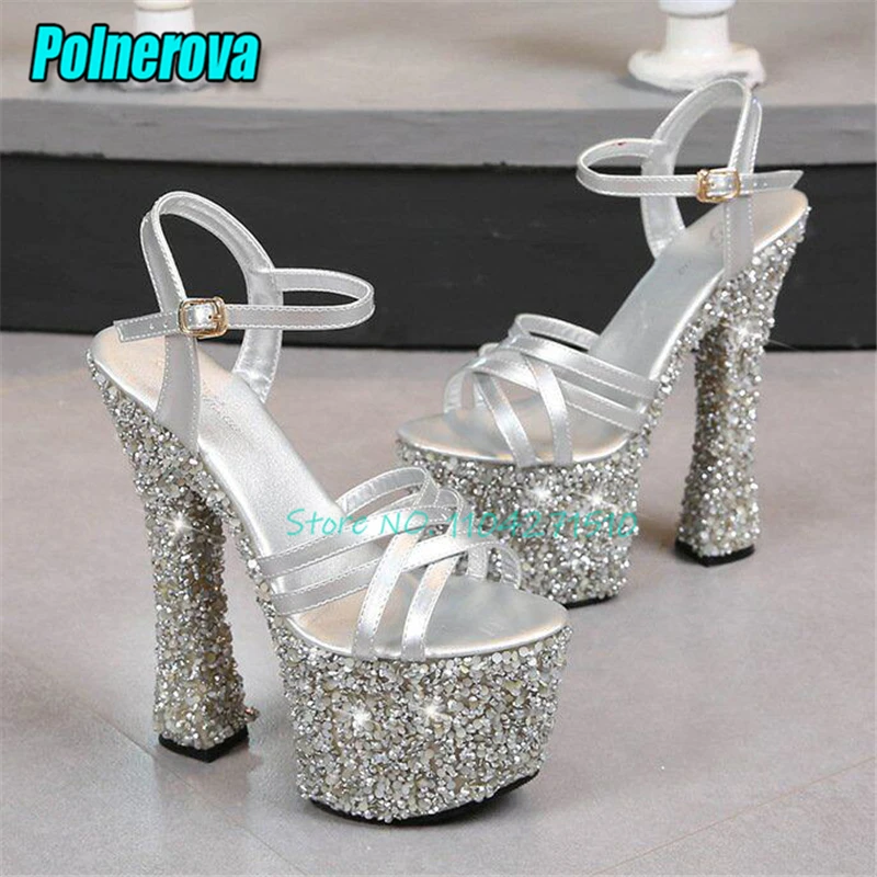 

Women's 18Cm Ultra High Heels Shiny Sequins Platform Chunky Heel Ankle Buckle Sandals Fashion Sexy Party Nightclub Women Shoes