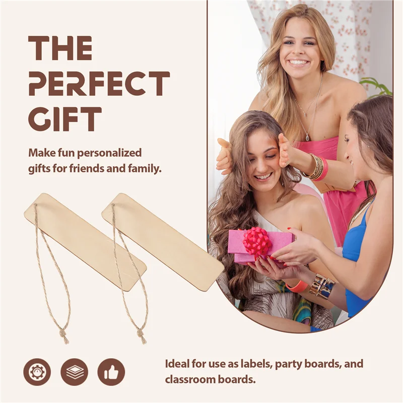 

50 PCS Wood Blank Bookmarks Unfinished Wooden Book Marks Hanging Tag With Holes And Ropes DIY Craft Projects
