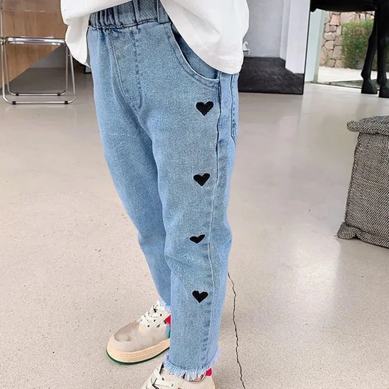 

Girls' Jeans 2025 New Edition Love Straight Leg Wide Leg Children's Pants Summer Thin Super Stretch Denim Pants 80-130CM