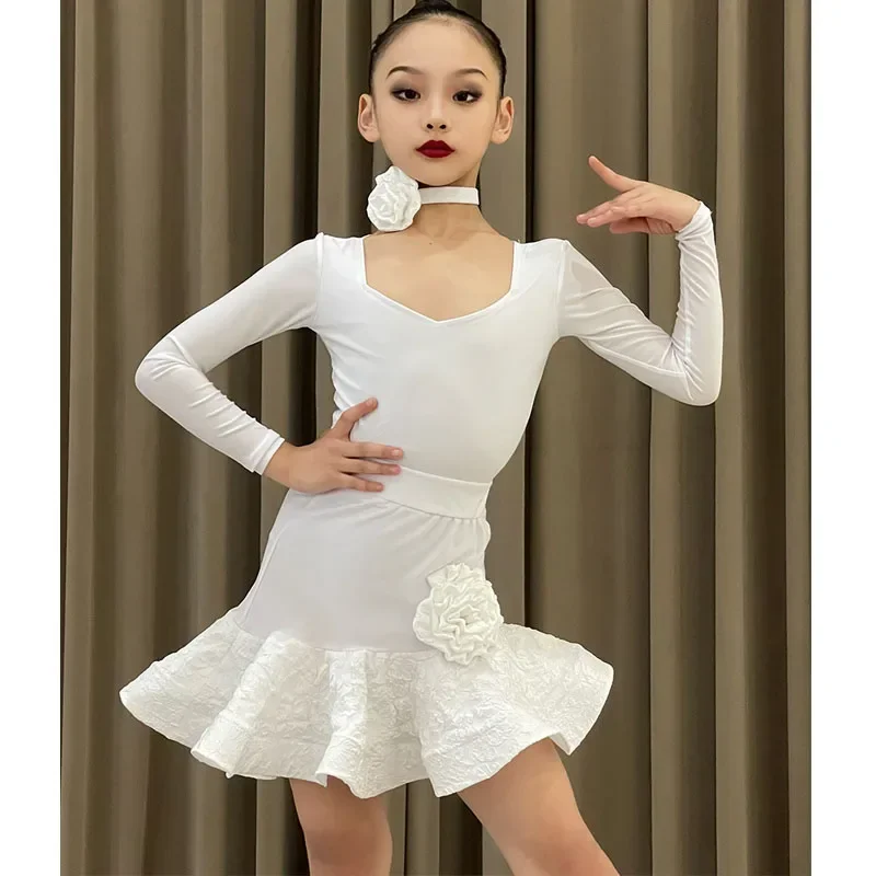 autumn and winter new Latin dance dress children's training dress girls dance dress white simple long-sleeved suit