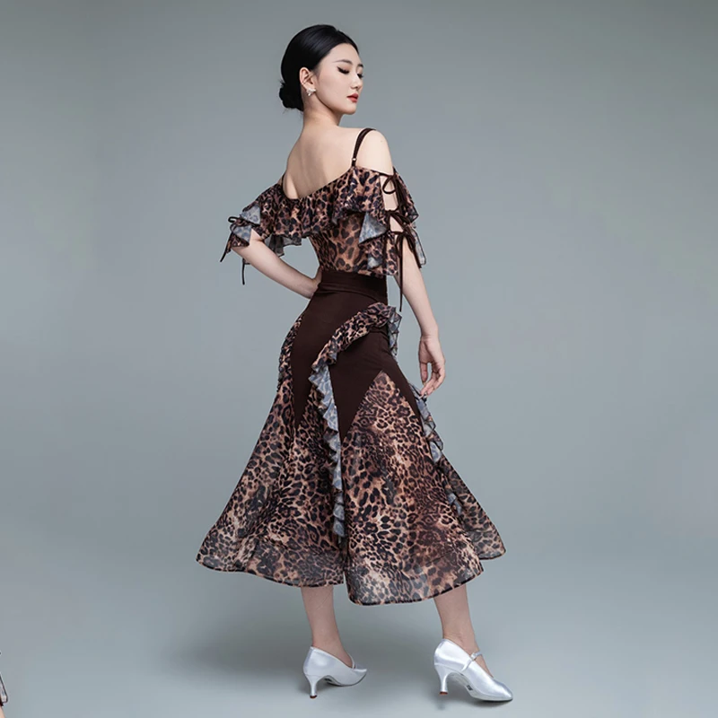 2025 Ballroom Dans Kleding Vrouwen Prestaties Kostuum Walsdans Jurken Lotusblad Tops Mesh Rok Volwassen Praktijk Slijtage BL16770