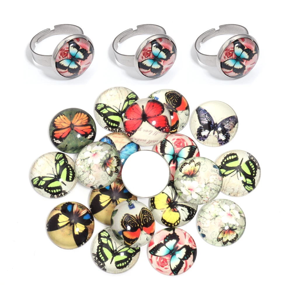 

10pcs/lot 8-35MM Butterfly Pattern Glass Cabochon Beads Round Loose Flatback Spacers Beads Pendant Ring DIY Jewelry Acccessories