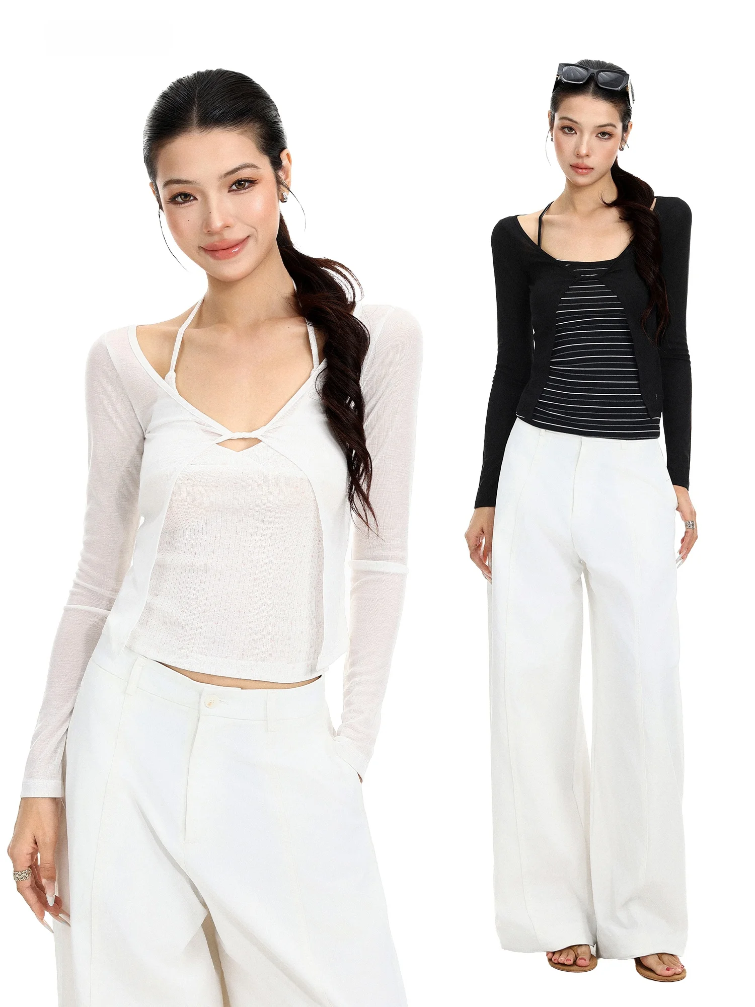 Sun Protection Long Sleeve Ruffle Neck T-Shirt Women's Summer Slim Fit Short Cardigan Vest Two-Piece Set Lightweight Casual Wear