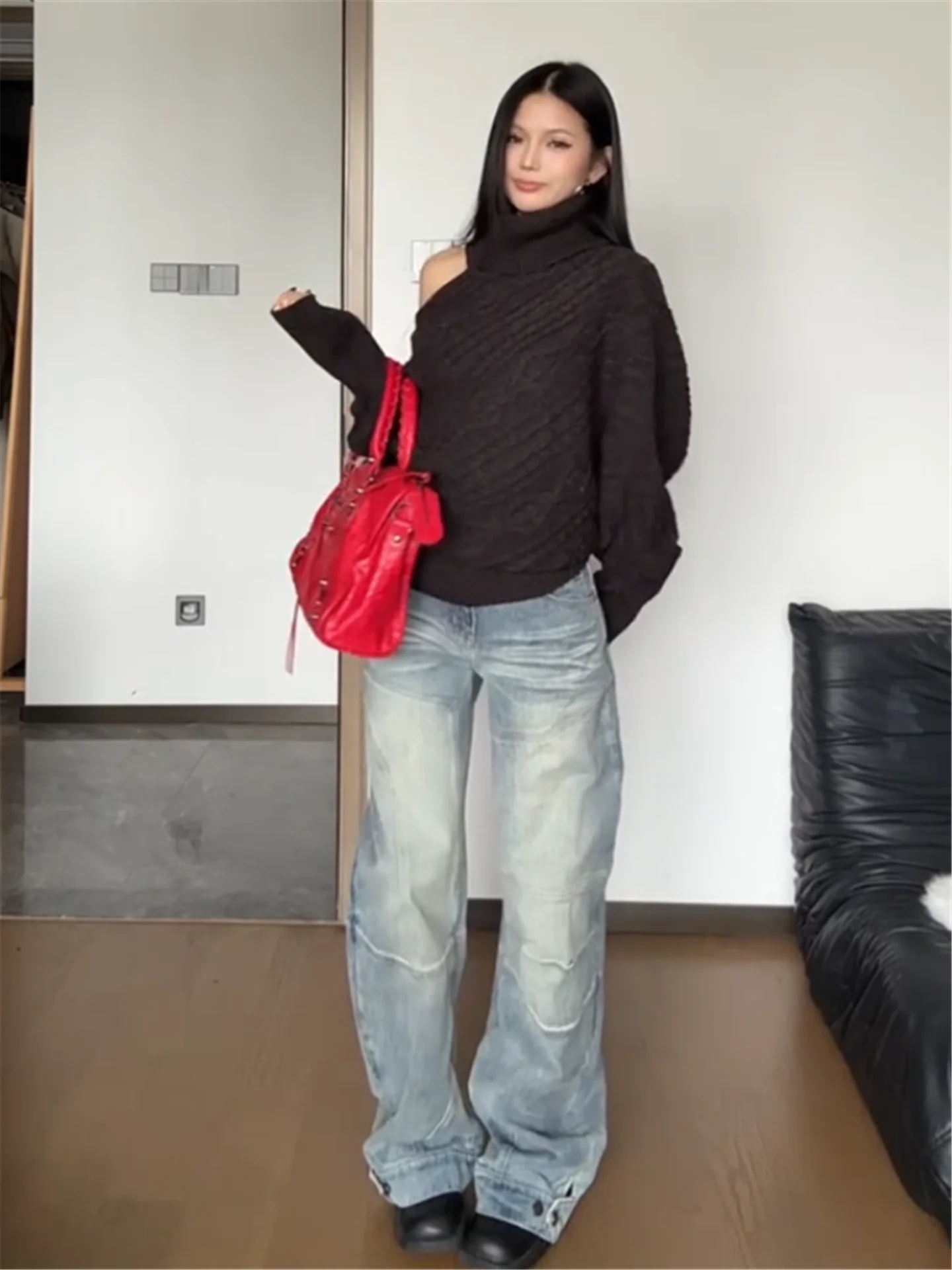 

American Retro Street Splicing Wide Leg Jeans Women Loose Slim Design High Waist Spring Cotton Casual Blue Denim Pants
