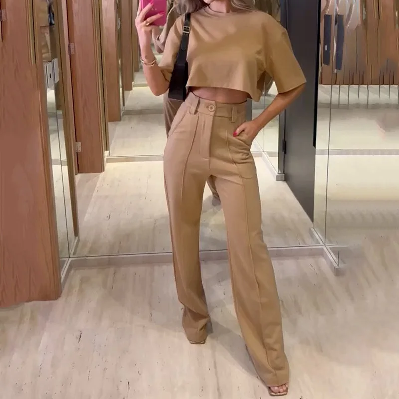 Moda Spodnie z wysoką talią Dwuczęściowe zestawy Wiosna Lato Crop Up T Shirty Stroje Biuro Eleganckie Solidne Spodnie Garnitur Biały