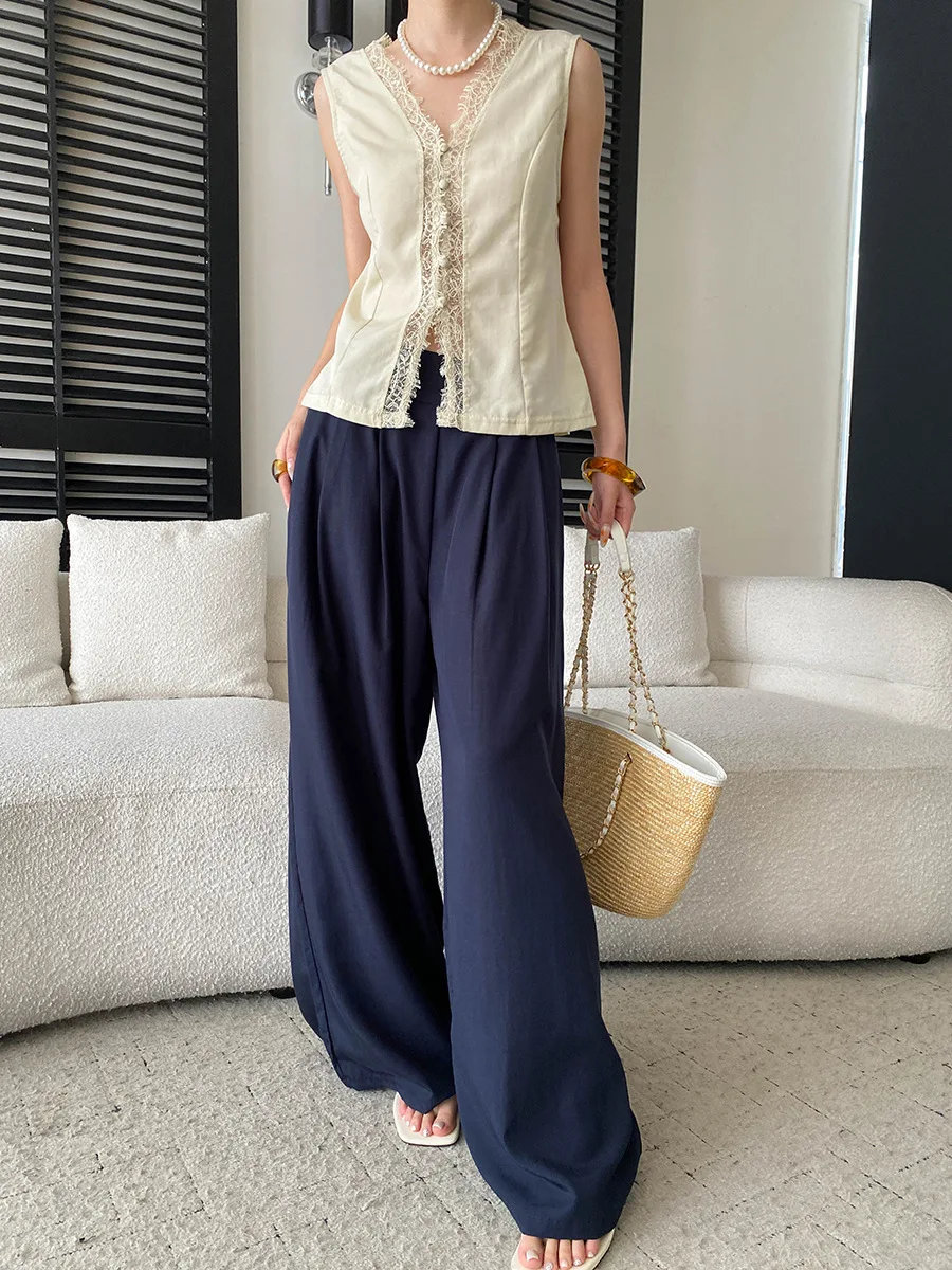 Sommerliche Damen-Freizeithose in Uni-Farbe, halb elastisch, hoher Bund, locker geschnitten, weites Bein – Detail 16