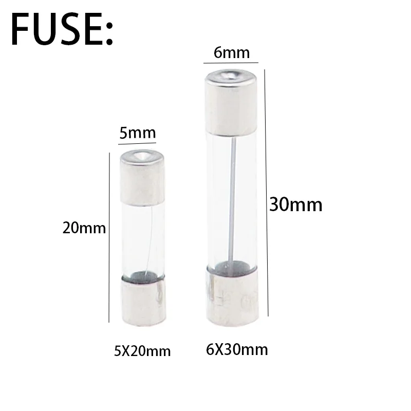 ガラス製の高速ブロー保険チューブ、5x20mm、5x20mm、6x30mm、5x20mm、250v、0.5a、1a、2a、3a、4a 5a、6a、8a、10a、15a、20a、100個