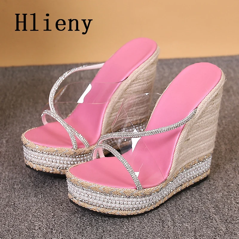 Hlieny Size 34-42 Sexy Straw Platform Party Slippers Wedges High Heels PVC Transparent Sandals Summer Crystal Women Shoes