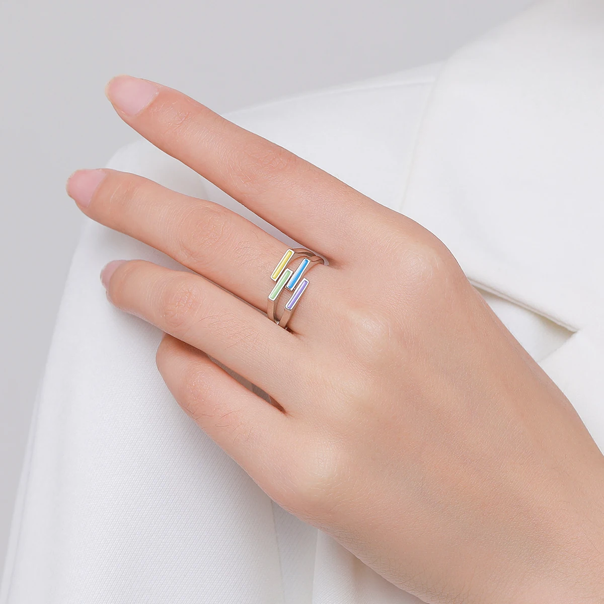 MODIAN New Design Pure 925 Sterling Silver Rainbow Color Enamel Strip Finger Ring Simple Geometric Ring For Women Fine Jewelry