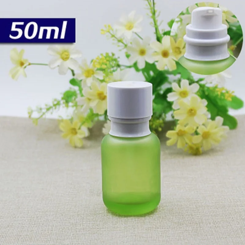 50ml frosted green glass bottle with white/wooden shape pump& lid for serum/lotion/emulsion/foundation cosmetic packing